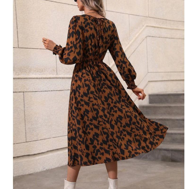 Cross-Border Spring & Fall New Round Neck Leopard Print Print Shoelace Tight Waist A- Line Lantern Long Sleeve Mid Length Long Length Dress Dress
