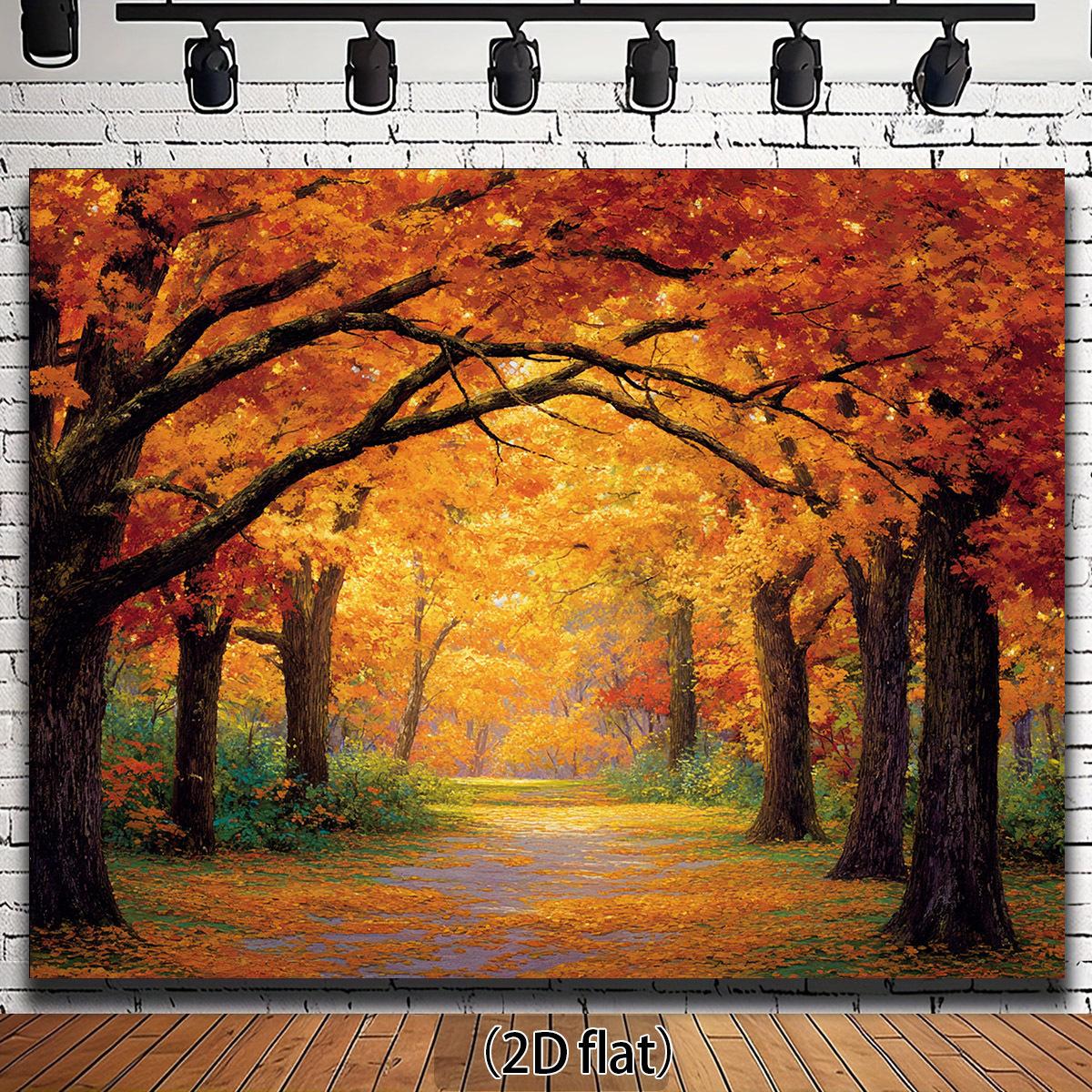 2D flat 1 autumn forest landscape background with bright orange and yellow fallen leaves lush green trees (as the picture,150X100)