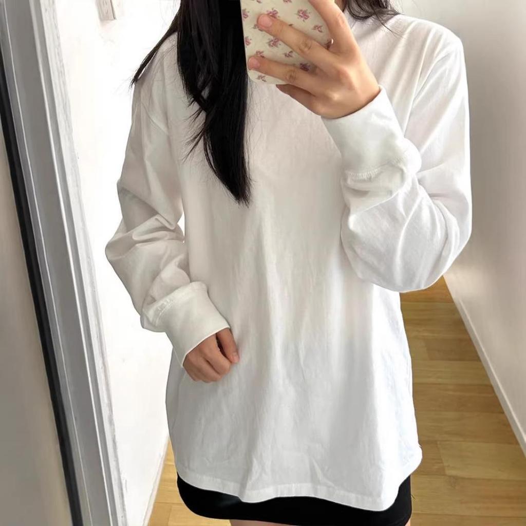 Women's White Pure Cotton Long-Sleeve T-shirt - Round Neck, Loose Fit, Ideal for Layering in Spring, Autumn, and Winter.