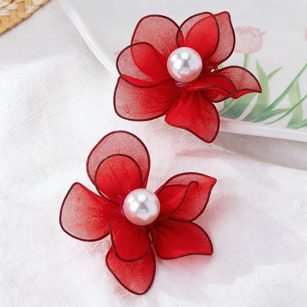 Mesh Petal Stud Earrings Fabric Mesh Stud Earrings Gifts Pearl Geometric Earring