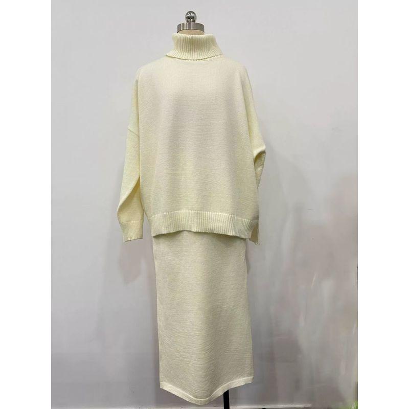 

Fashion Wind High Collar Loose Sweater Skirt Two-Piece Suit Knitted Sweater and Skirt Set Beige White All yards