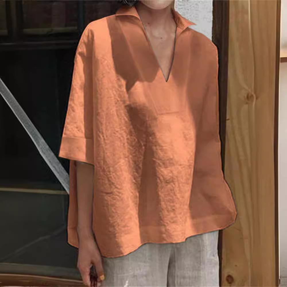 

Spring/Summer V-neck Cotton Linen Solid Colour Plus Size Loose Medium Sleeve Women s Shirt 5XL червоний