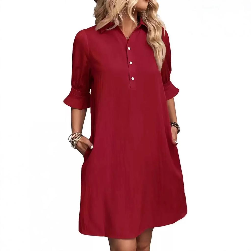 Women's Spring Autumn Casual Loose Solid Color Shirt Dress, Lapel Collar Short Sleeve Button Down A-Line Mini Daily Wear Dress