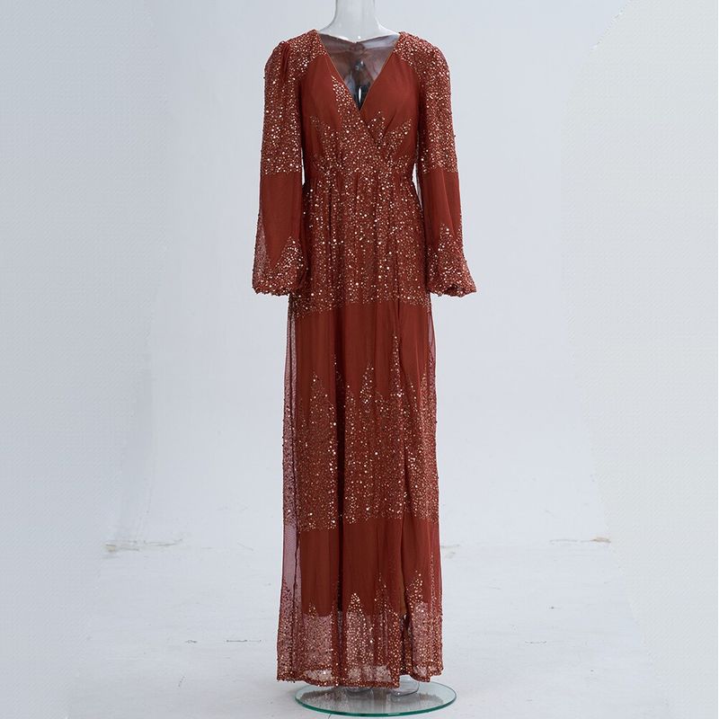 

European and American Long Dresses, French-Style Long-Sleeved Plus-Size Formal Dresses, Birthday Party Dresses, Formal Dresses, Party Dresses Brown S