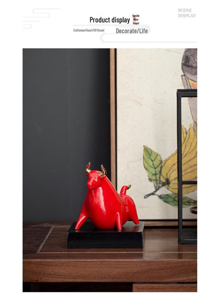 Red Ceramic Ox Figurine: Spirit-Soaring Handicraft for Home or Office Decor