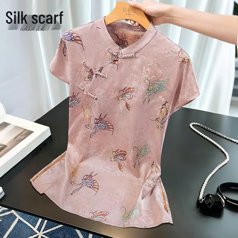 Women s Elegant Stand Collar Jacquard Three-Quarter Sleeve Blouse S
