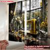 2pcs Vintage Sewing Machine Curtains Yellow Antique Sewing Machine with Floral Tablecloth for Retro Bedroom Decor