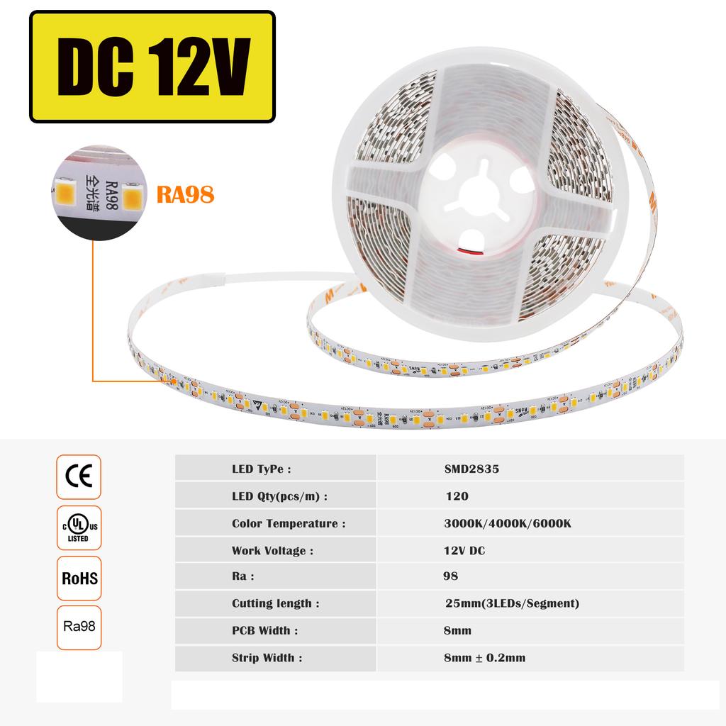 RA98 High CRI LED Strip SMD 2835 120LEDs/M DC 12V 24V IP20 Flexible Ribbon Light 5M 10M 2700K 3000K 4000K 5000K 5500K 6000K