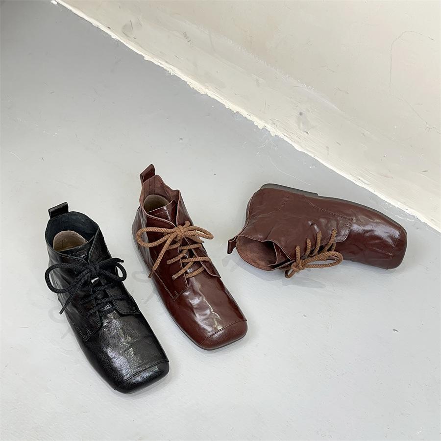 Johnature Bottines Plates Courtes Rétro Cuir Véritable Bout Carré Lacets Bottines Femme