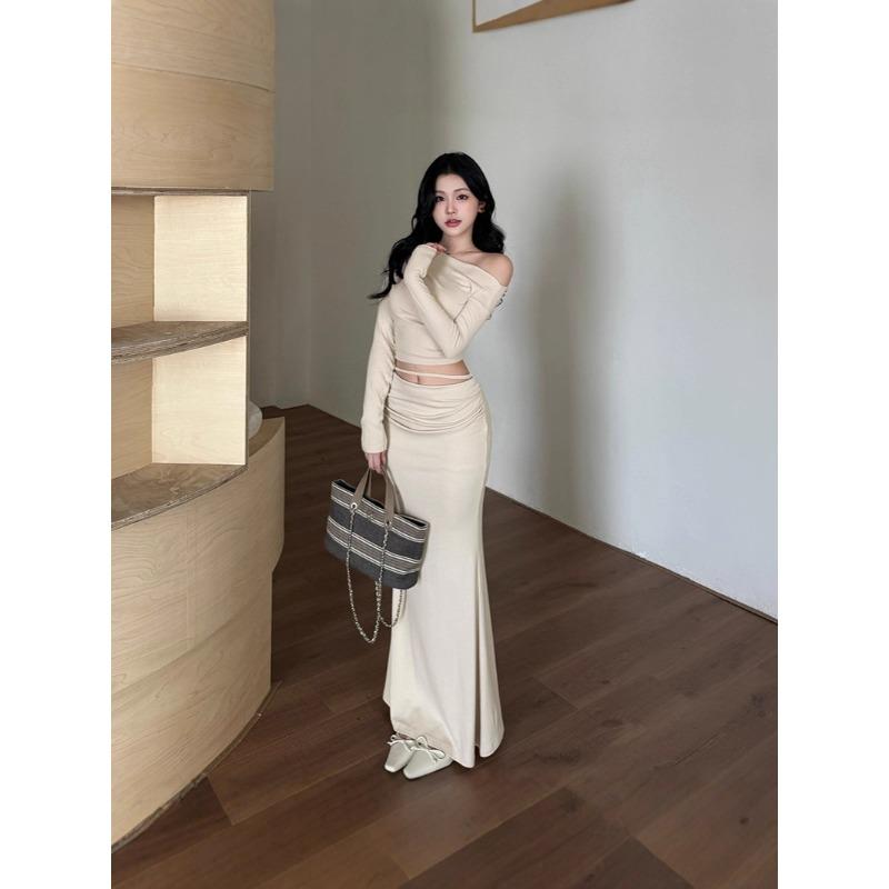 Ilya Slanted Shoulder Waist Long-sleeved Suit Skirt Women, Autumn French Design Skirt Suit