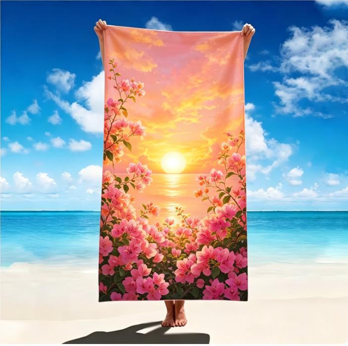 Large Microfiber Beach Towel, Bohemian Tropical Sunset Palm Print, Sand Free & Quick Dry, for Exotic Summer Beach Use