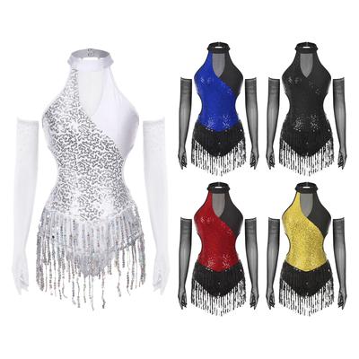 Damen Latin Eiskunstlauf Jumpsuit Ärmellos Pailletten Quaste Trikot Bodysuit Passende Netz Handschuhe