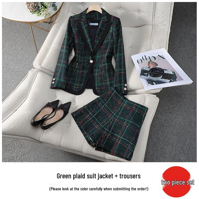 Zihong Women's Green Plaid Blazer: New 2024 Slim-Fit for Autumn/Winter