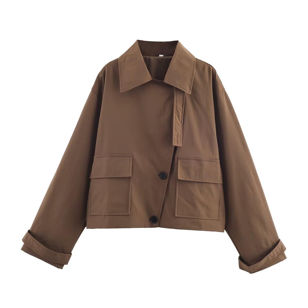 European and American style, new women's clothing, fashionable retro solid color lapel slanted placket short trench coat