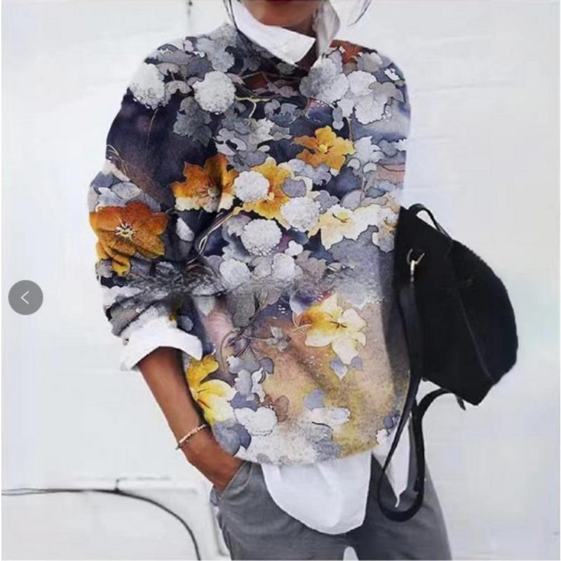 Women's Fashion Casual Spring Autumn Flower Pattern Print Long Sleeve O-Neck Blouses & Shirts