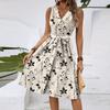 Women's Spring And Summer Casual V-Neck Sleeveless Waist Floral Print Midi Dress