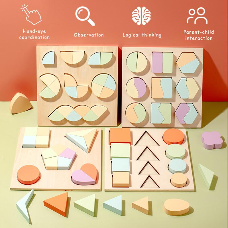 Toddlers Montessori Wooden Shape Puzzles Toys Matching Geometry Panel Sensory Sorting Learning Education Kindergarten Materials