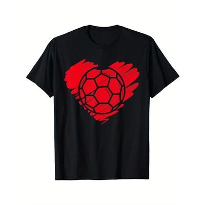 Europäische Größen Herren Retro Herzförmiges Fußball Design T-Shirt | Schwarz, Weiß, Atmungsaktiv Rundhals, Lässiges Sportoberteil