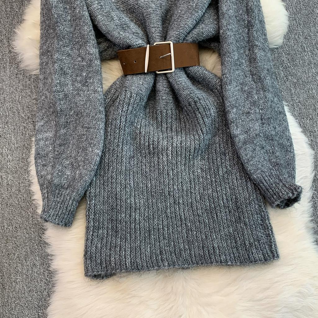 Autumn Winter Women Elegant O-neck Knitted Sweater Chic Mini Short Straight Pullover Dresses with Belt