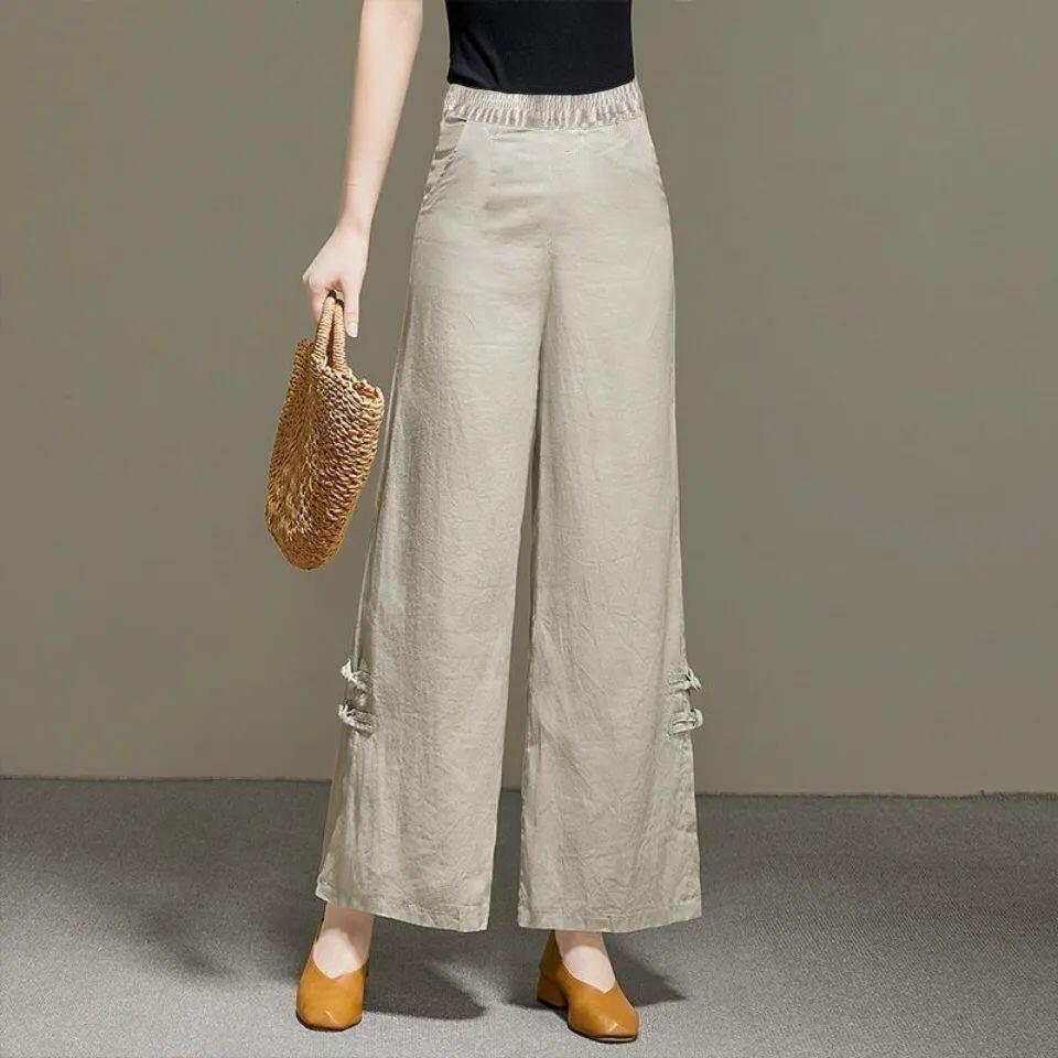 Korean Fashion Women Cotton Hemp Oversized Pants Spring Summer High Waist Solid Wide Leg Split Loose Straight Casual Trousers