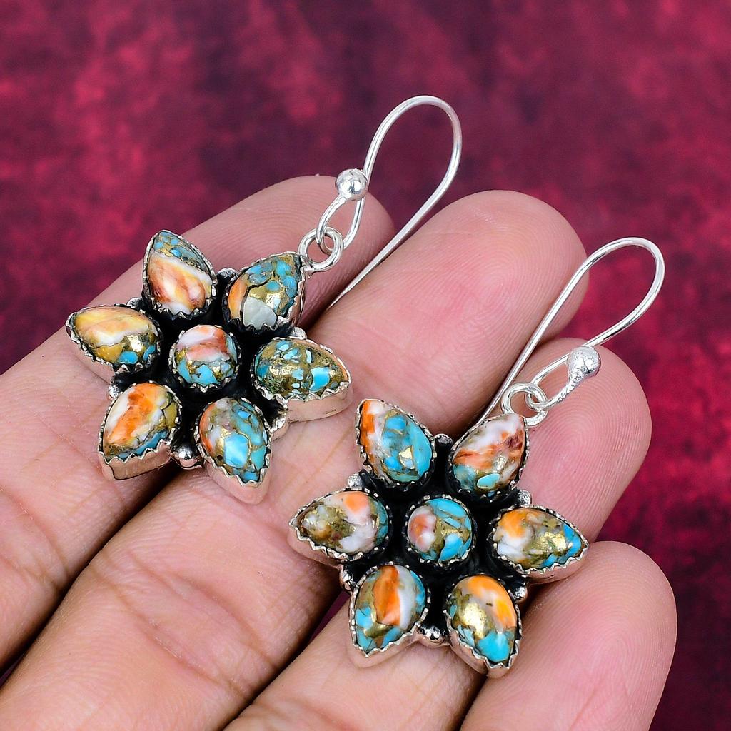 Orange Spiny Copper Turquoise Earrings, 925 Solid Sterling Silver Gemstone Jewelry, Handmade Earrings, For Thanksgiving