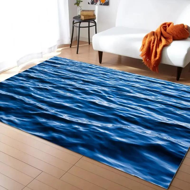 Alfombra Estampada de Olas Marinas para Decoración de Sala de Estar en Casa Felpudo Antideslizante para Dormitorio Mesita de Noche Alfombras para Área de Mesa de Café Felpudo para Baño