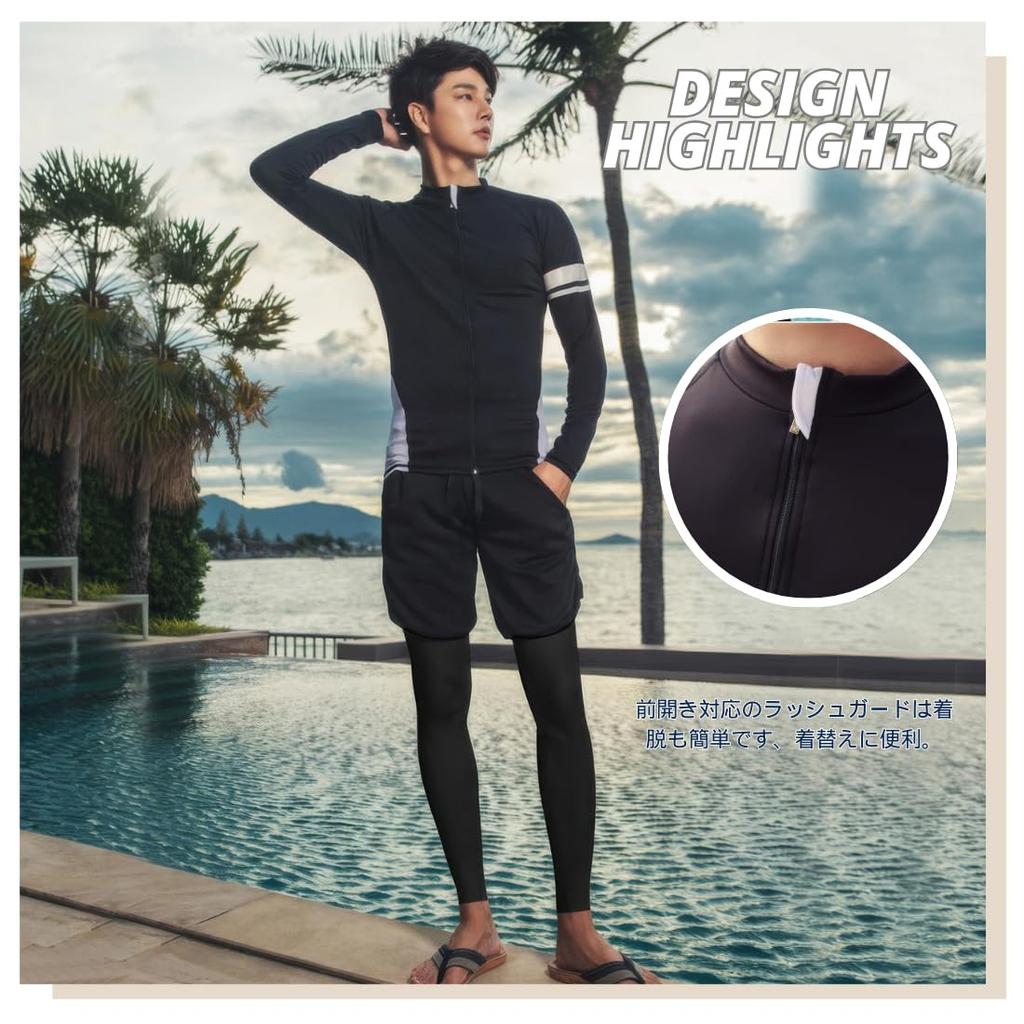 Rashguard Swimsuit for Top and Bottom Fitness Long Front Surf Swim UV Hot Competitive Sweat Quick [wechose] Men, Set, Swimsuit, 3-Piece Set, Zip-Up,