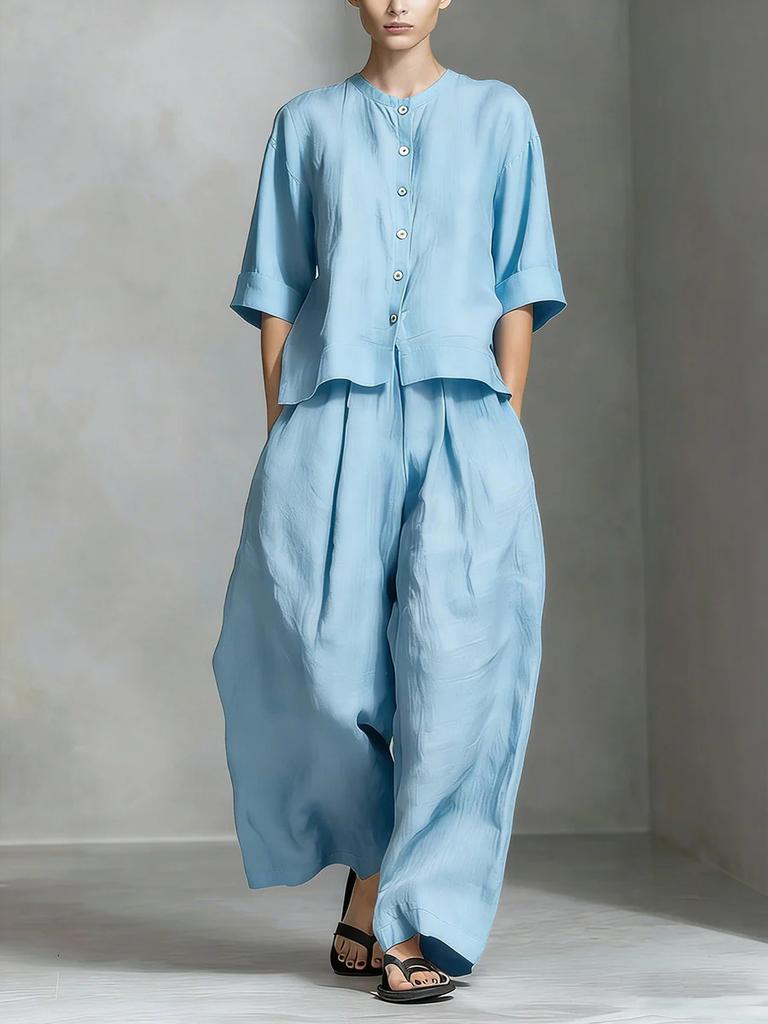 Completo Due Pezzi Donna Primavera/Estate Nuovo Casual Cotone Lino Camicia Pantaloni Larghi