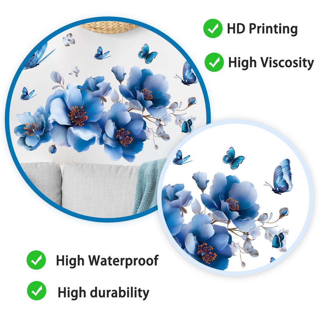 Elegant Blue Butterfly Flower Wall Sticker for Bathroom Living Room Bedroom Home Decor