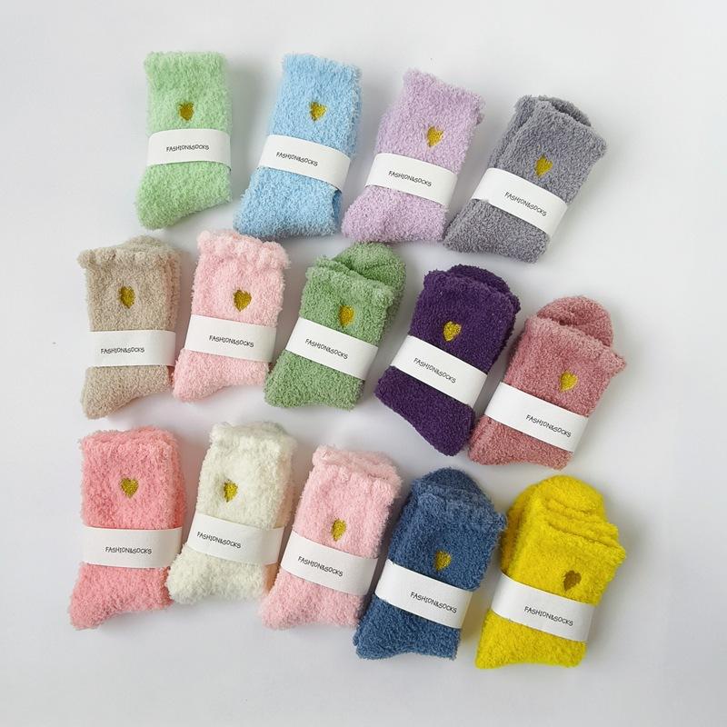 Autumn and Winter Thickened Coral Fleece Socks Women's Middle Tube Gold Love Warm Versatile Fleece Socks Home Sleep Floor Socks