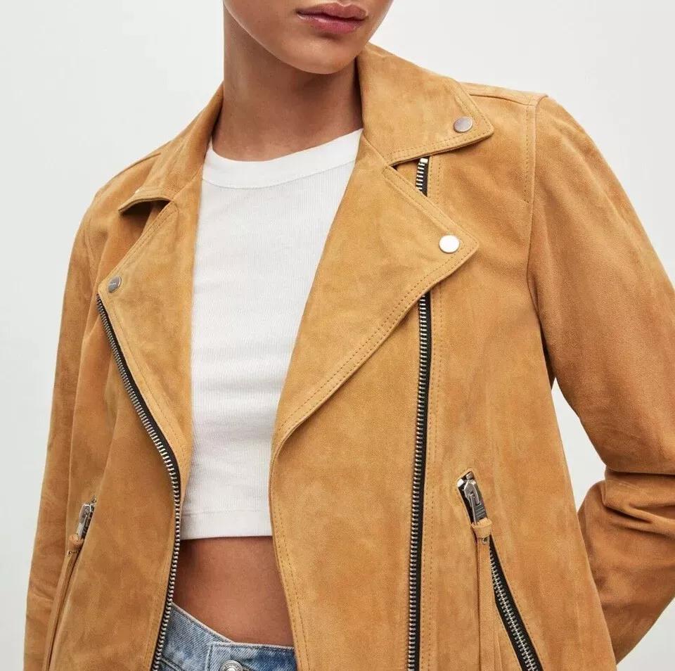 Damen Wildlederjacke in Hellbraun, handgefertigt, stylisches Biker-Motorrad-Design, lässig