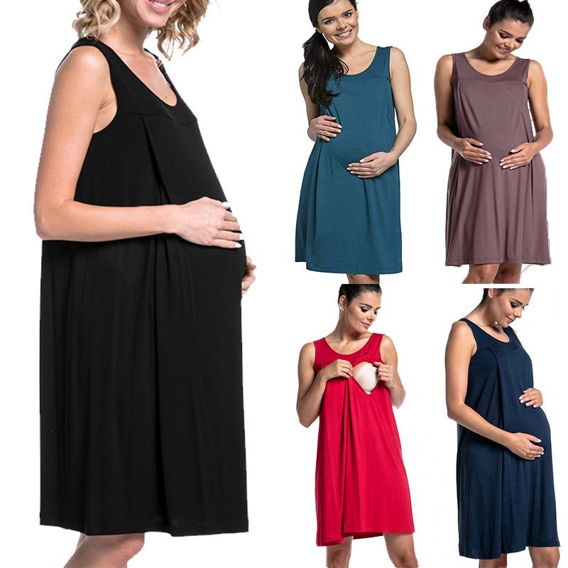 Women's Sleeveless Round Neck Maternity Nursing Dress Loose A Line Midi Pregnancy Nightgown