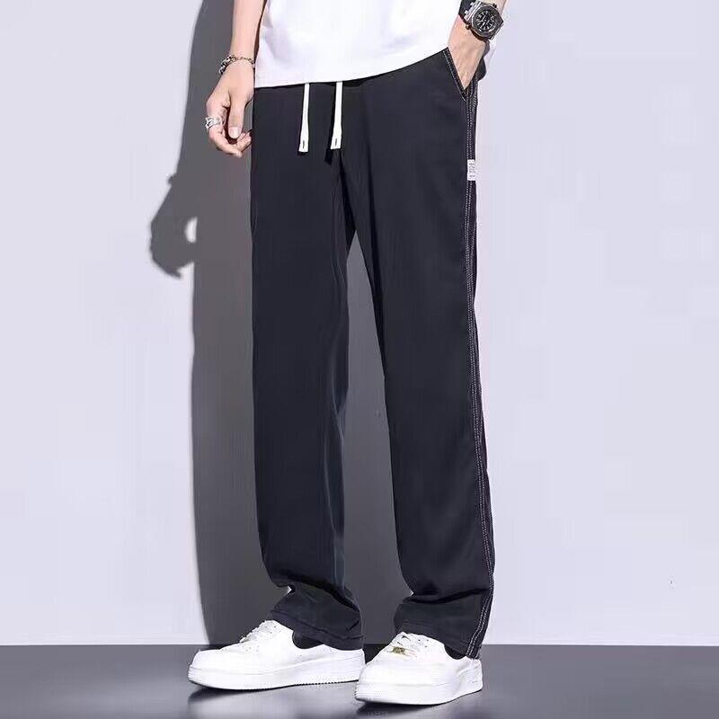 2024 Spring Summer Soft Lyocell Fabric Men's Jeans Thin Loose Straight Leg PantsDrawstring Elastic Waist Korean Casual Pants