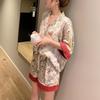 Vintage Forest Flowers and Birds Print Pajamas Women Elegant Ins Style Simulated Silk Housewear New Summer Female Nightgown