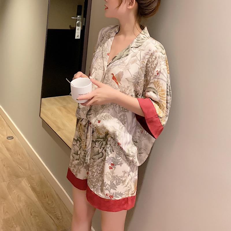 Vintage Forest Flowers and Birds Print Pajamas Women Elegant Ins Style Simulated Silk Housewear New Summer Female Nightgown