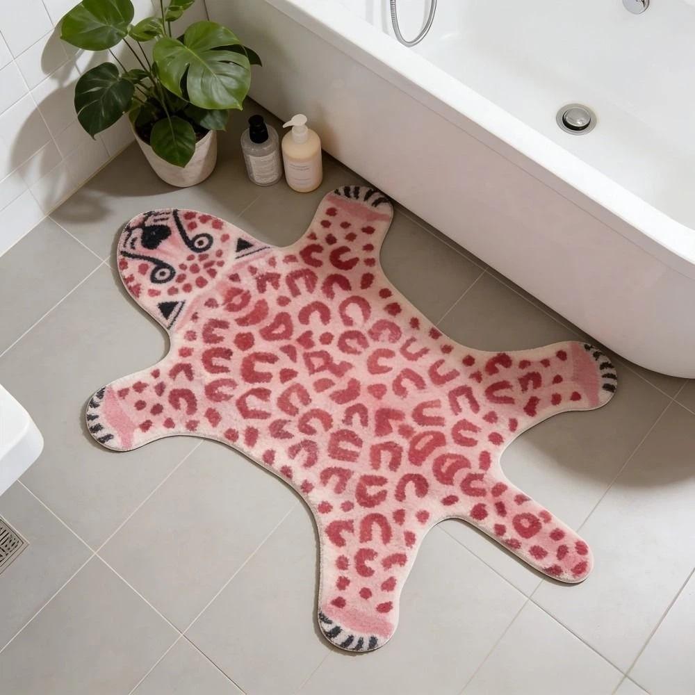 Cartoon Pink Tiger Carpet Striped Leopard Pattern Tiger-shaped Doormat Absorbent Wear-resistant Bedroom Floor Mat Home Decor