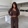 Europese en Amerikaanse casual effen dames set, lange mouwen hoodie met ritssluiting vest, strik wijde pijpen broek tweedelig set