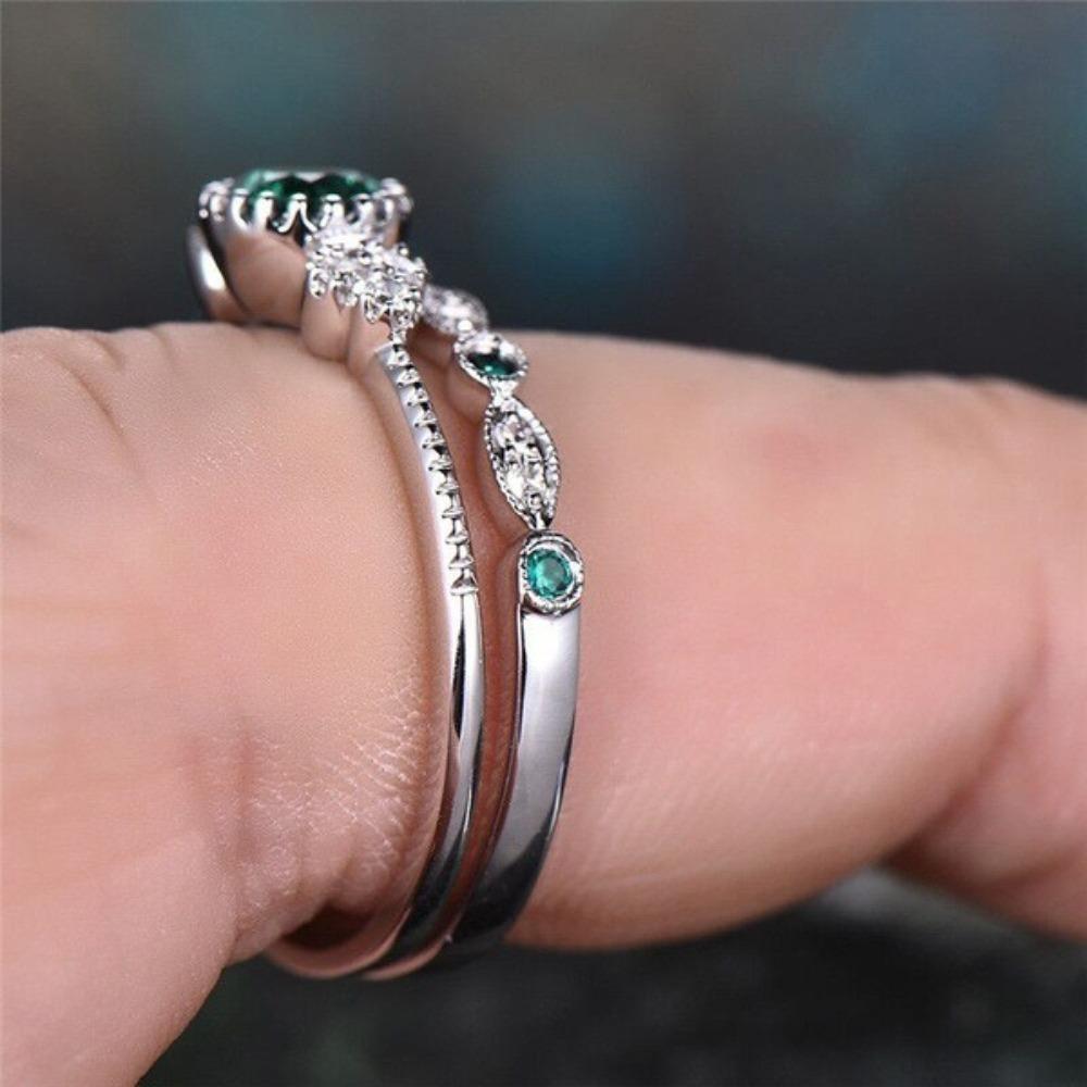 Elegant Emerald Zircon Ring For Women Blue Sapphire Wedding Band Set Fashion Jewelry