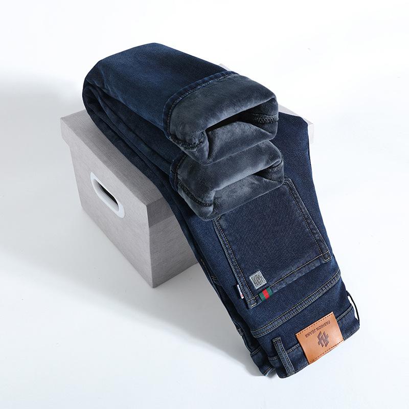 

Осенние и зимние эластичные флисовые теплые джинсы мужские деловые свободные прямые брюки зимние повседневные мужские брюки больших размеров 40 темно-синий