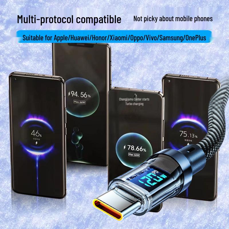 120W Super Fast Charging Type-C Data Cable with Real-Time Digital Power Display, Fully Compatible.