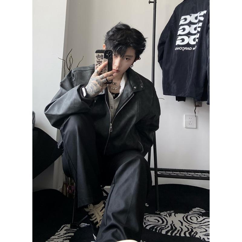 

Мужская модная американская ретро розовая кожаная куртка-бомбер для мотоциклистов - Высококачественный весенне-осенний стиль Харрингтон 2XL чёрный