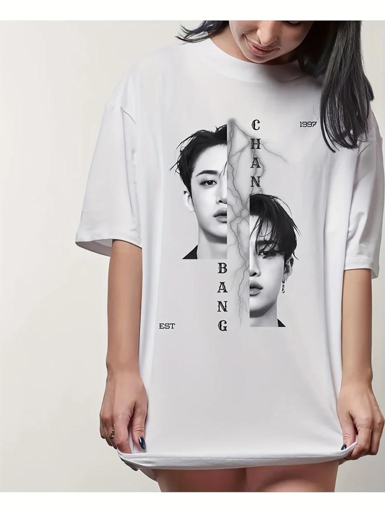 Retro Bang Chan Stray Kpop Muster T-Shirt Baumwolle Retro mit Kurzarm Design Angemessen Neutral Lässig