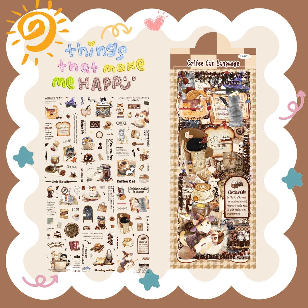 6 Transparent Ins Coffee Cat Language Sticker Pack Waterproof Transparent PET Hand Account Decorative Guitar Notebook