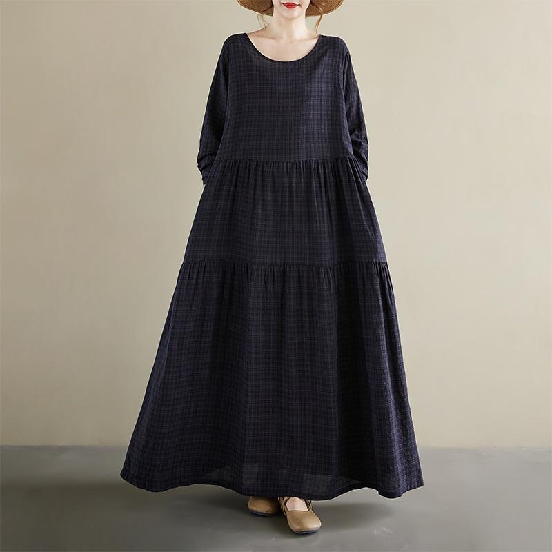 

Винтажное платье в клетку больших размеров с длинным рукавом, новинка, повседневное свободное платье для весны и осени