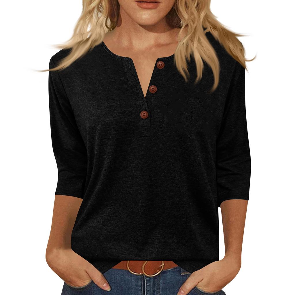 Women's Fashionable Casual Button-down Collar Three-quarter Sleeve T-shirt Top