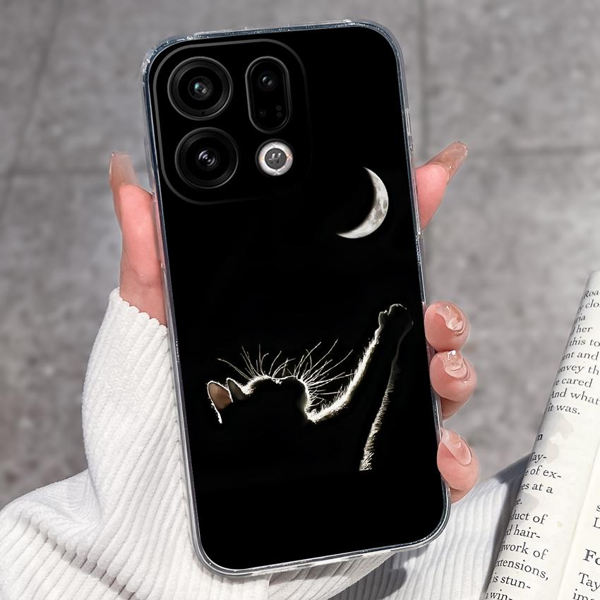 For Oppo Find X9 X8 X7 X5 Pro X2 Lite Reno8 Pro Pro+ Phone Case Black Cat Wine Glass Patterns Transparent TPU Protection Covers For Oppo Bumper Casing