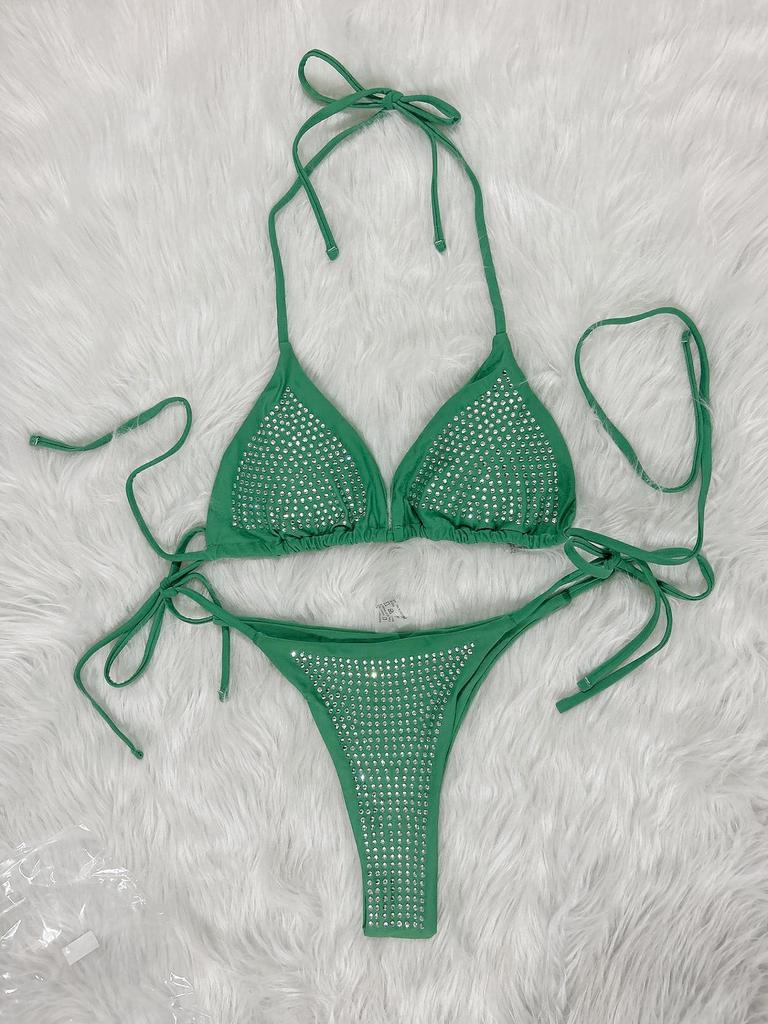 2023 European & American Sexy Rhinestone Strappy Bikini Set - Solid Color Beach Vacation Women's Swimwear