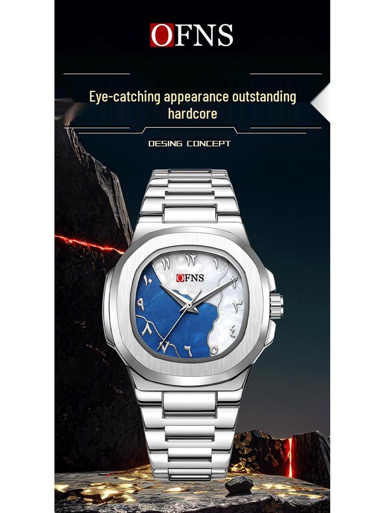 OFNS Men's Double Dial Quartz Square Watch - 30M Waterproof with Arabic Numerals, Ideal for Casual and Business Wear