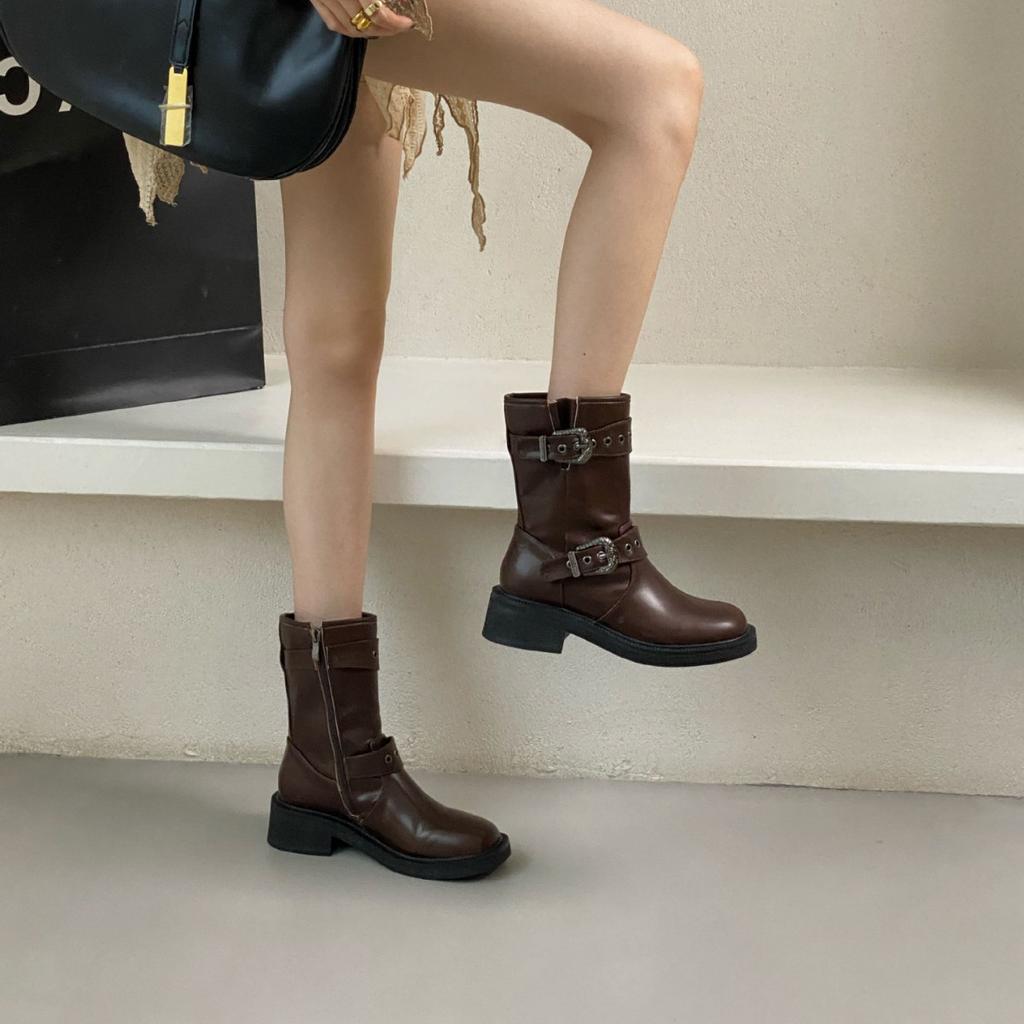 Coarse heel short boots female versatile fairy 2025 new double buckle British style western cowboy platform Martin boots
