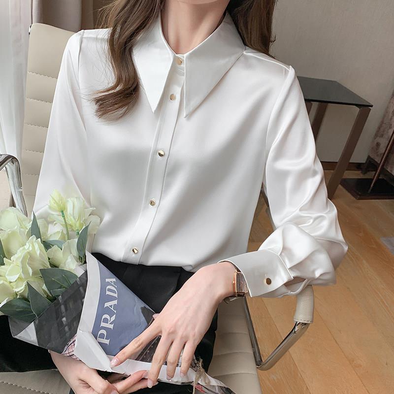 Female Clothing Turn-down Collar Solid Color Blouse Commute All-match Spring Autumn Fashion Single-breasted Long Sleeve Shirt